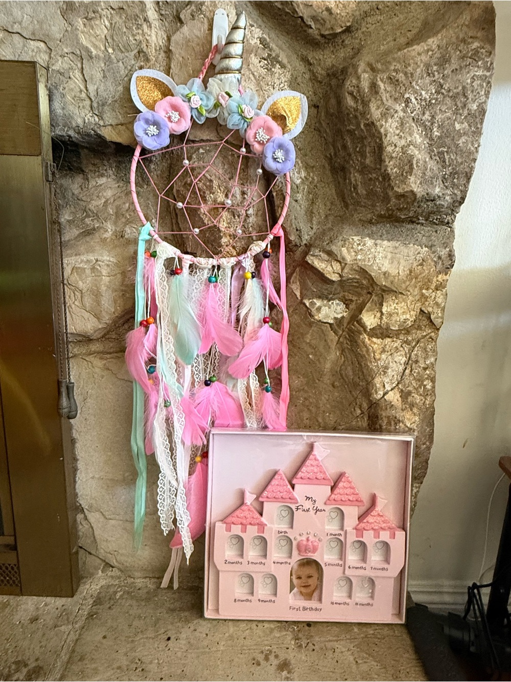 Unbranded Pink Unicorn Dreamcatcher with Pastel Feathers and Floral Accents